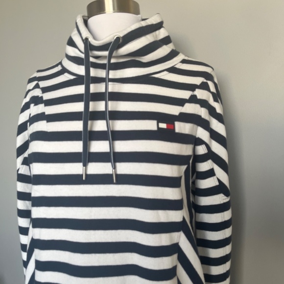 Tommy Hilfiger Sport Navy Striped Funnel Neck Fleece Nautical sweatshirt Hoodie - Picture 2 of 13